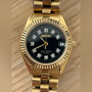 Geneve Presidential Diamond Vintage Ladies Watch Black Dial Gold Bracelet Case